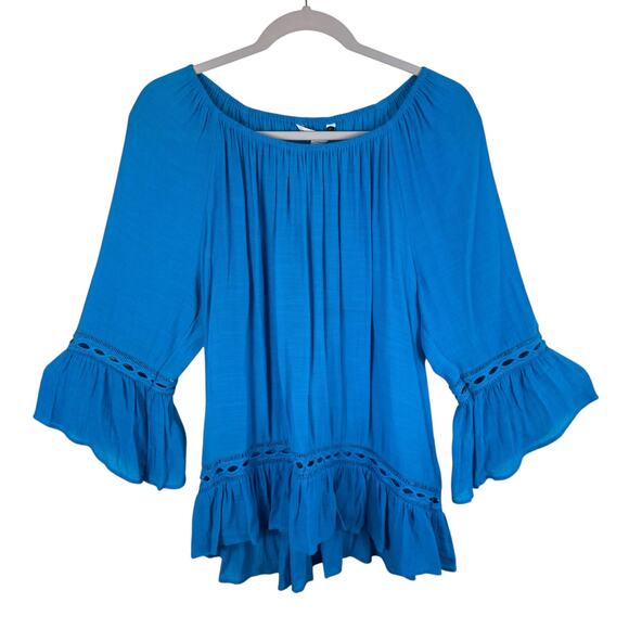 Fundamental Things Bright Blue Bell Sleeve Lightweight Crochet Eyelet Blouse L - Picture 1 of 6
